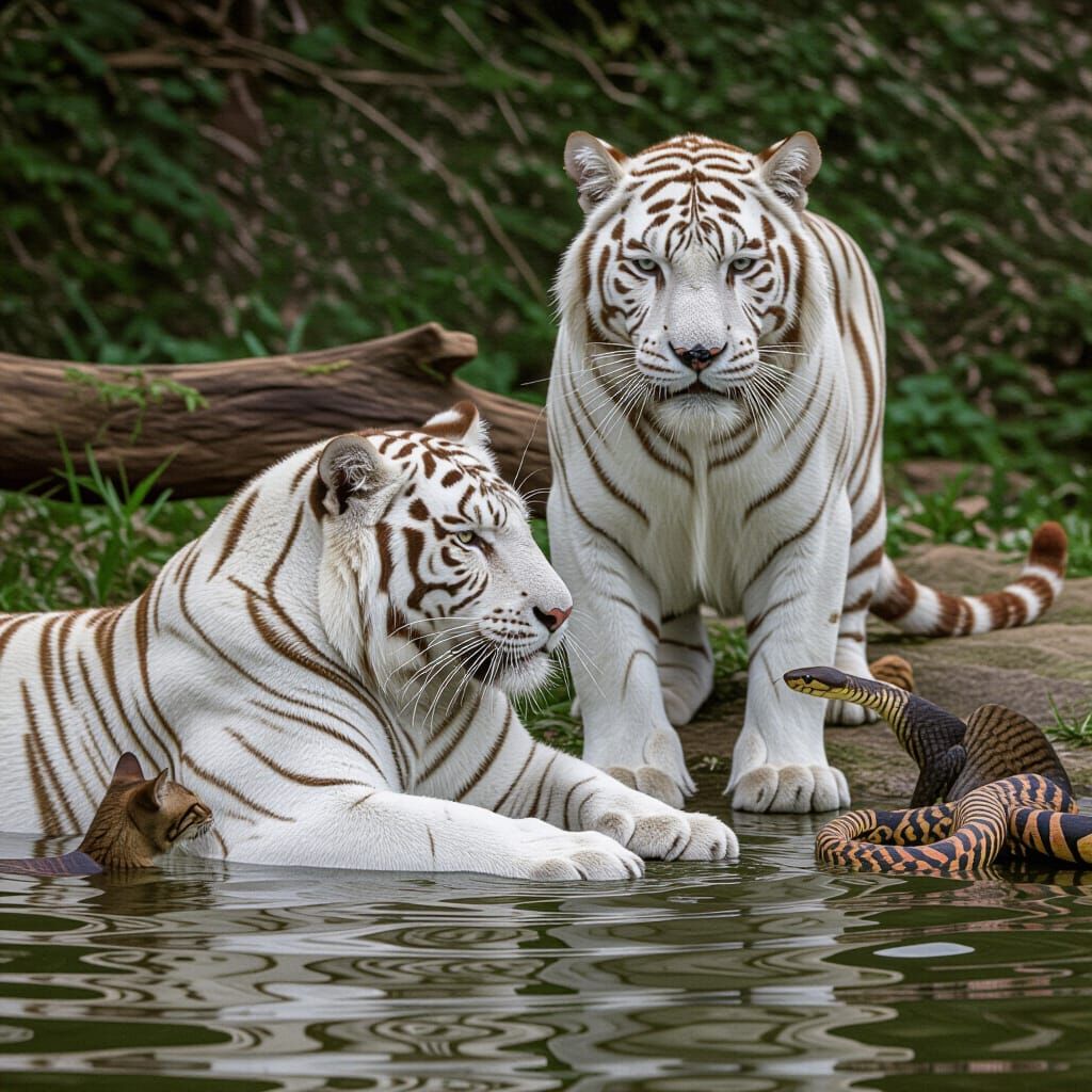 White Tiger Playing with Cats and Snake
