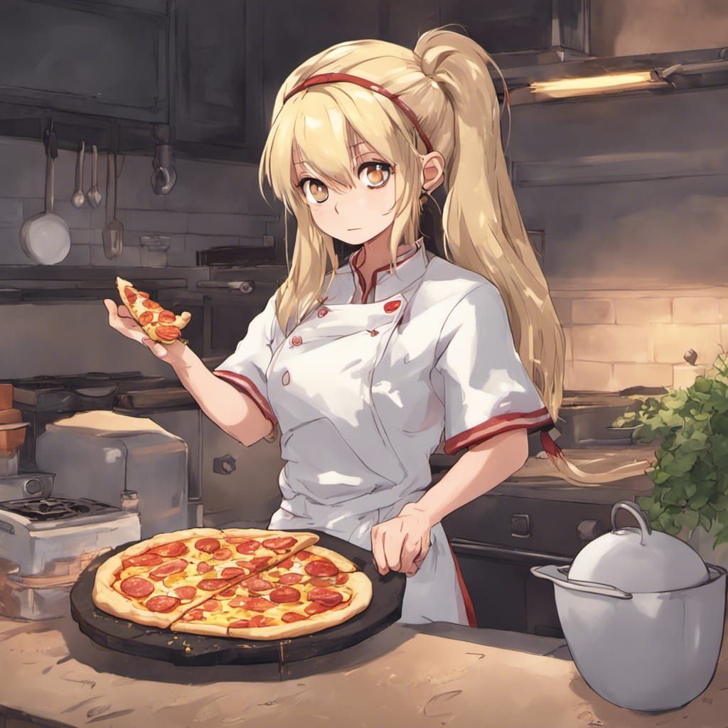 Blonde Chef Cooking Pizza in Anime Style
