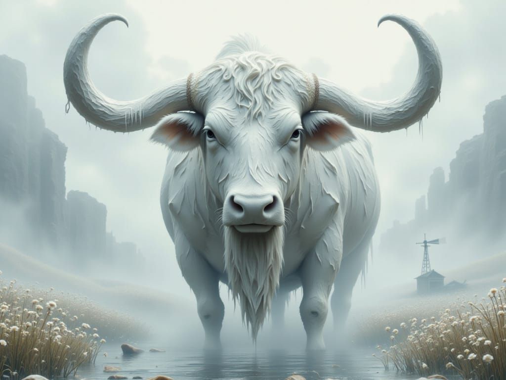 Colossal White Bull with Marble City and Waterfall