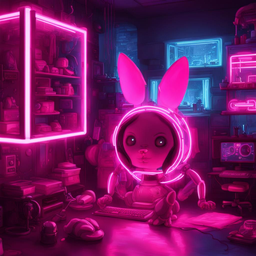 Cyber Bunny-Bot Hutch in Neon Cyberpunk Style