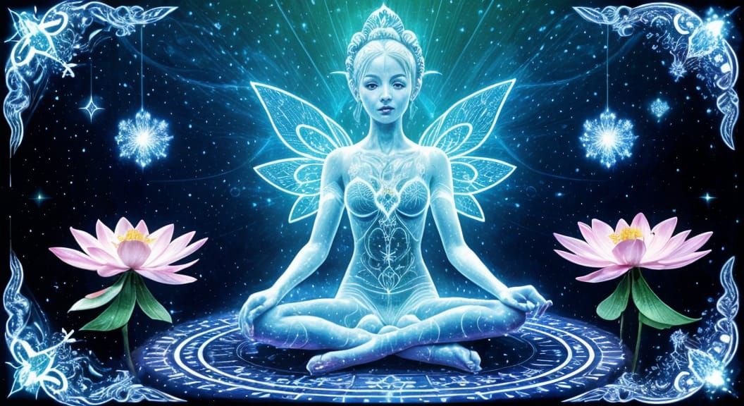 Fairy in Lotus Pose with Neon Stars