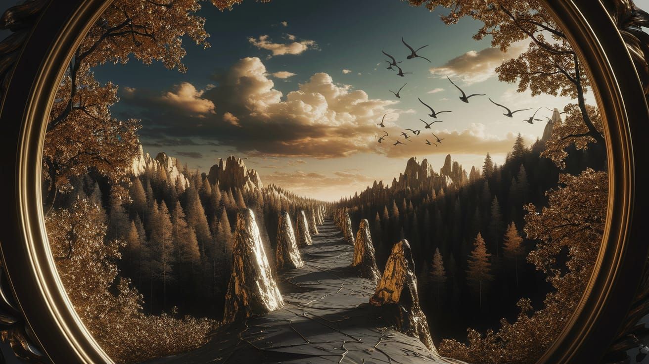 Dreamlike Golden Landscape in a Circular Portal