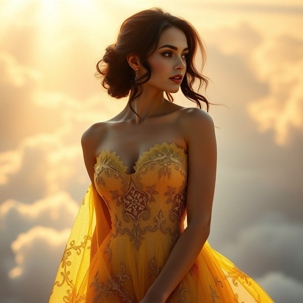Brunette in Lace Gown Amidst Dreamy Cloudscape