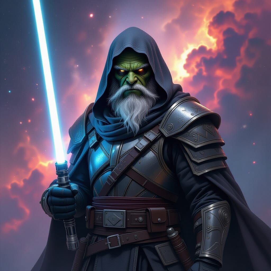 Orc Jedi Master in Cosmic Nebula, Hyperrealistic