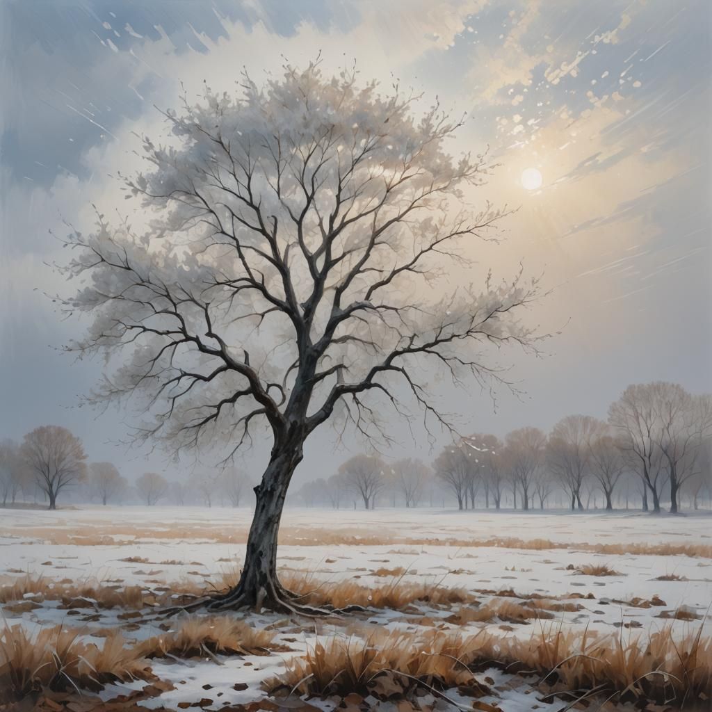 Solitary Tree with White Leaves in Dreamlike Landscape