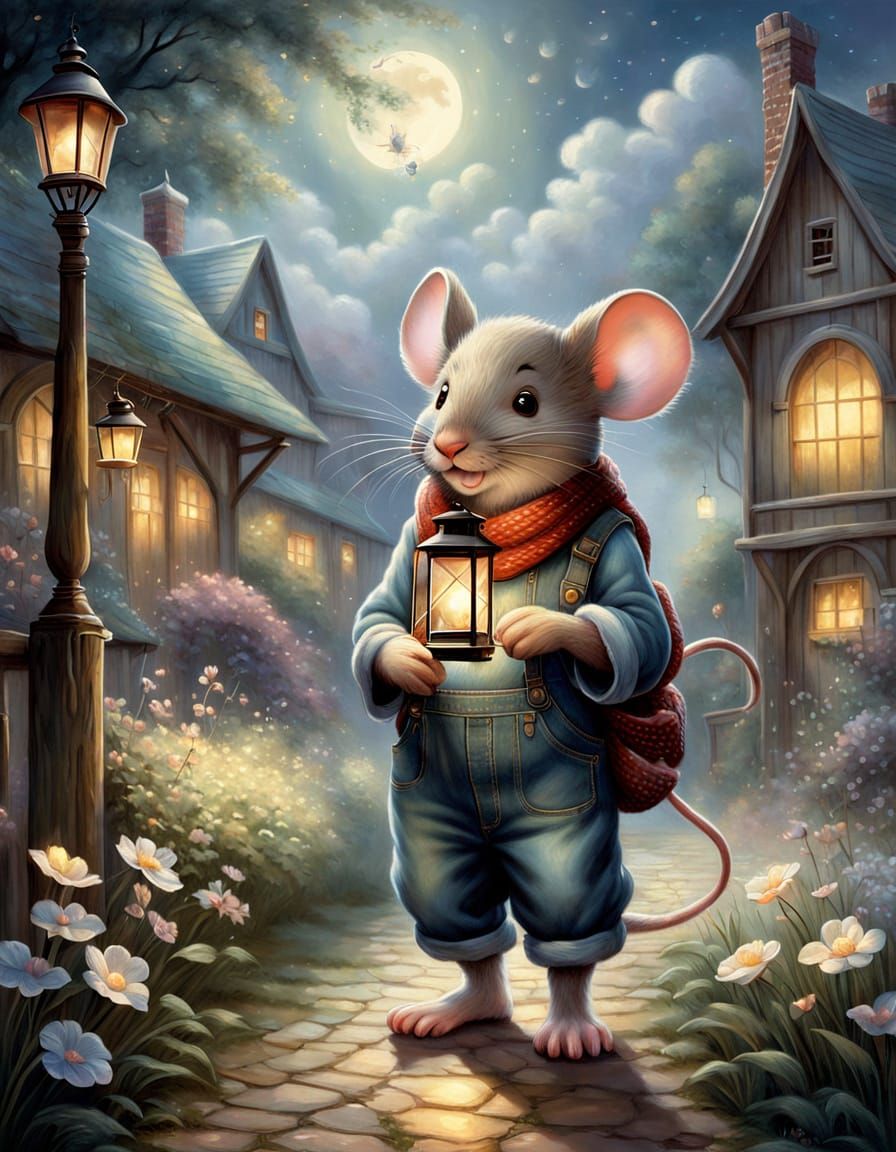 Whimsical Mouse with Lantern in Moonlit Barnyard