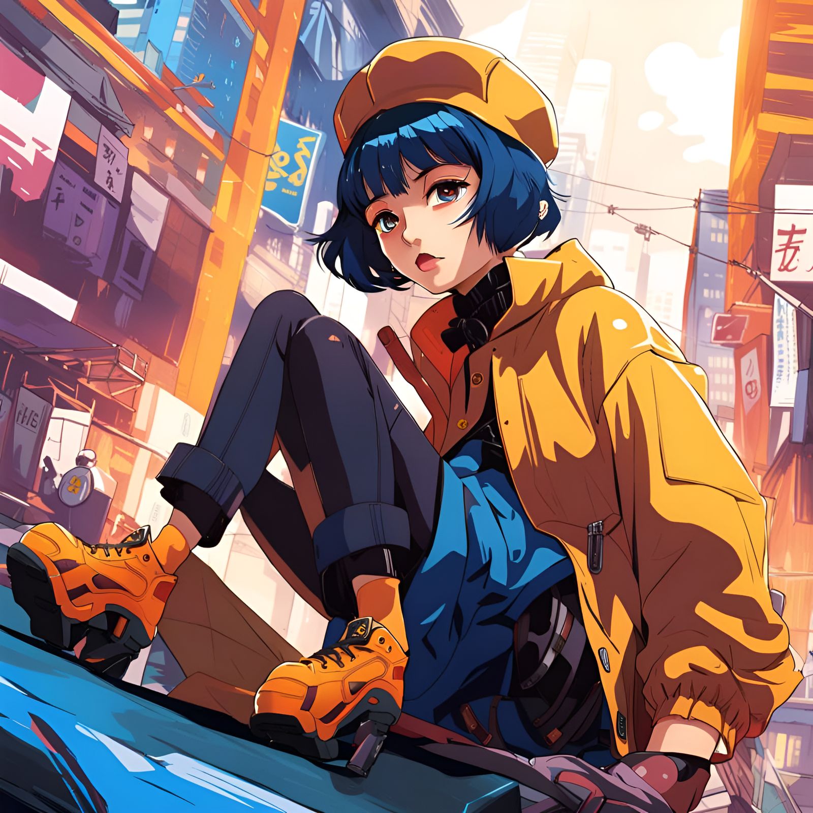 Stylish Alt Girl in Neon Cluttered Cityscape