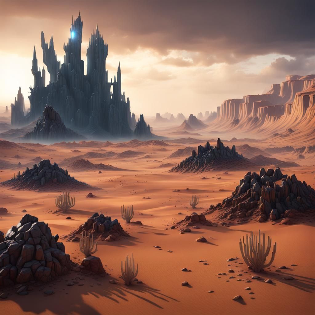 Corrupted Desert Landscape with Black Crystal