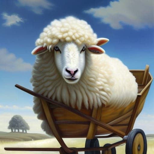FLUFFY SHEEP IN A WHEELBARROW