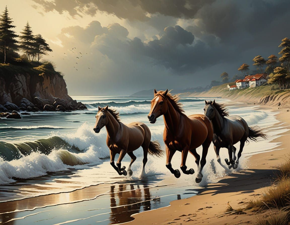 Horses Gallop Across the Sunset Shore