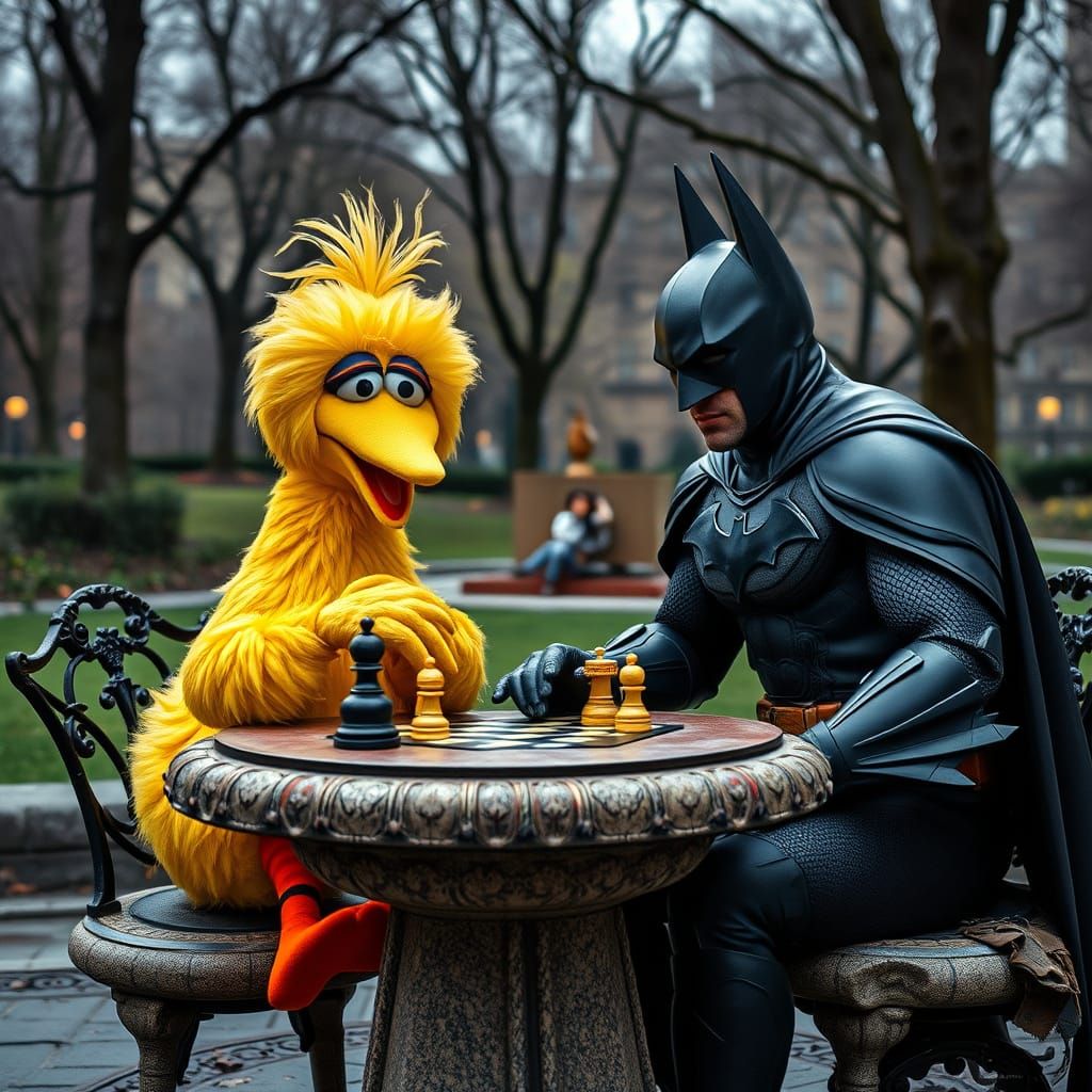 Batman and Big Bird Engage in a Chess Match in a Moody New Y...