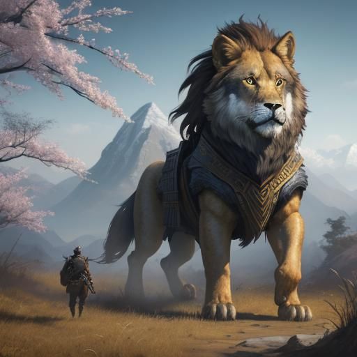 Lone Warrior with Wolf and Lion in Fantasy Landscape