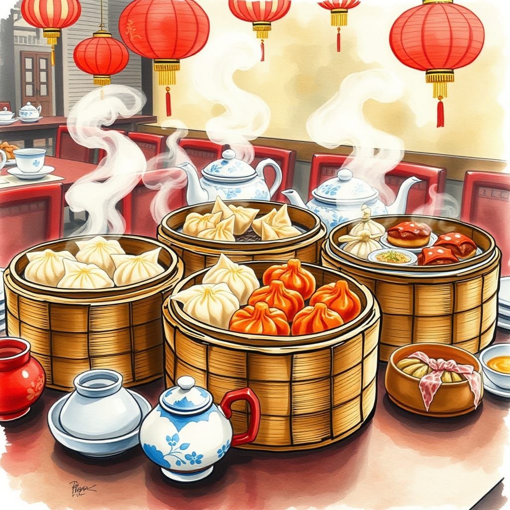 Expressive Watercolor Dim Sum Delights in Traditional Chines...