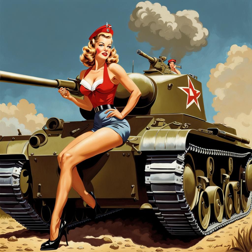 WWII Pin-Up Girl Working on a Tank