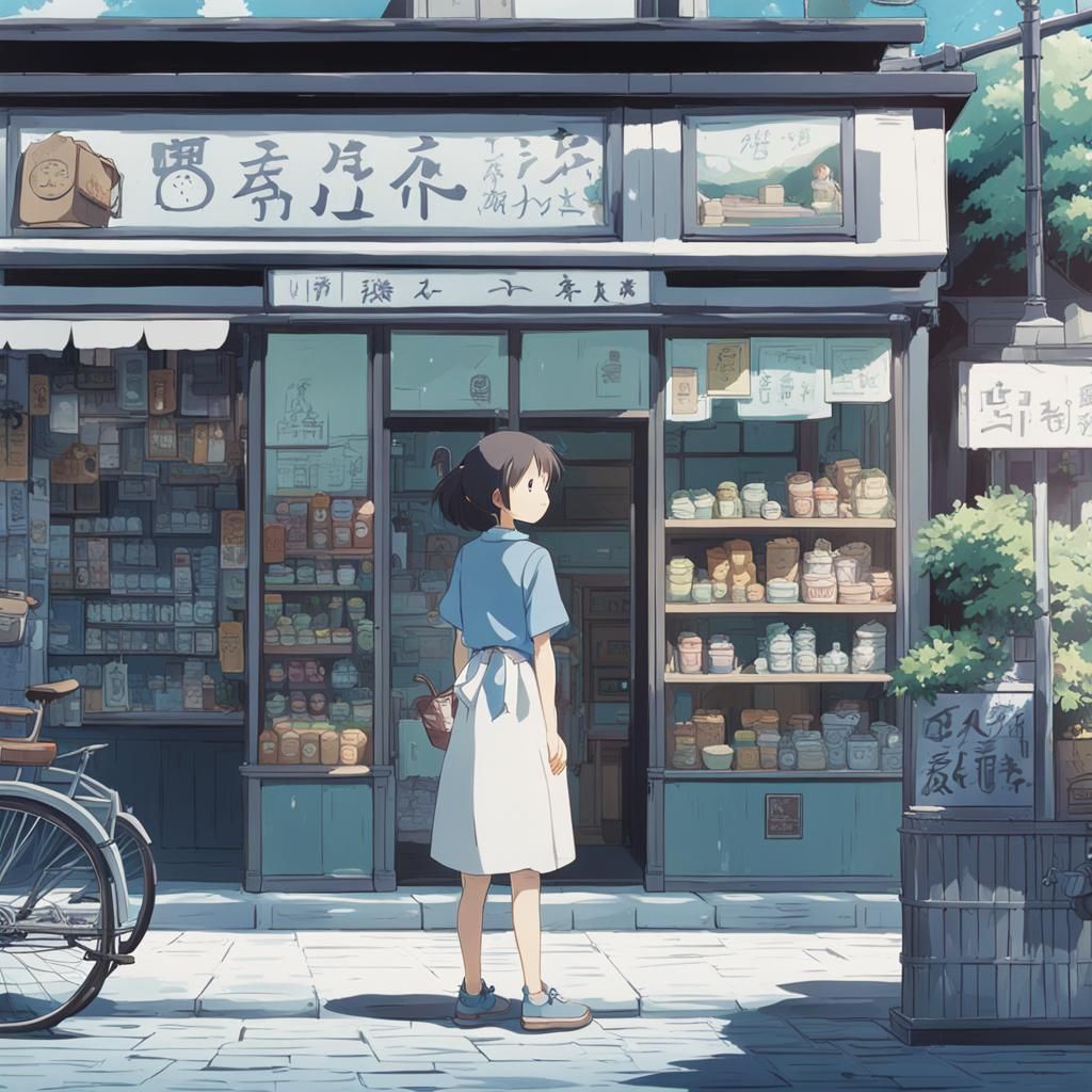 Anime Morning: Lady Outside Store, Ghibli Style