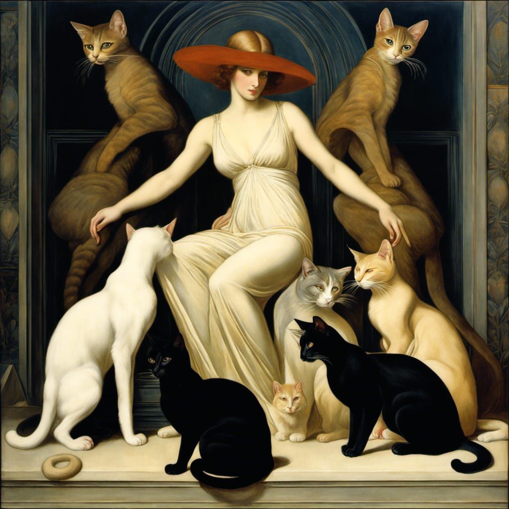Woman with Cats in Symbolist Style