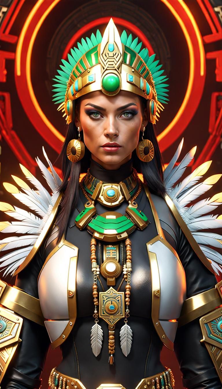 Aztec Warrior Woman in Cyberpunk Servo-Armor