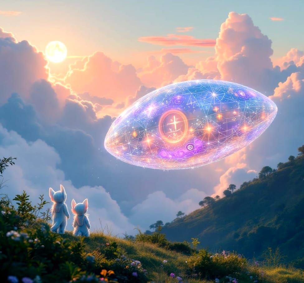 Adorable Alien Beings Gaze at Glowing Spaceship in Dawn Ligh...