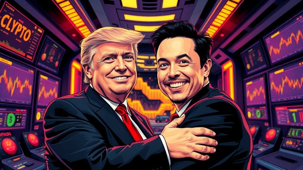 Trump and Musk Embrace in Retro Pop Art Style