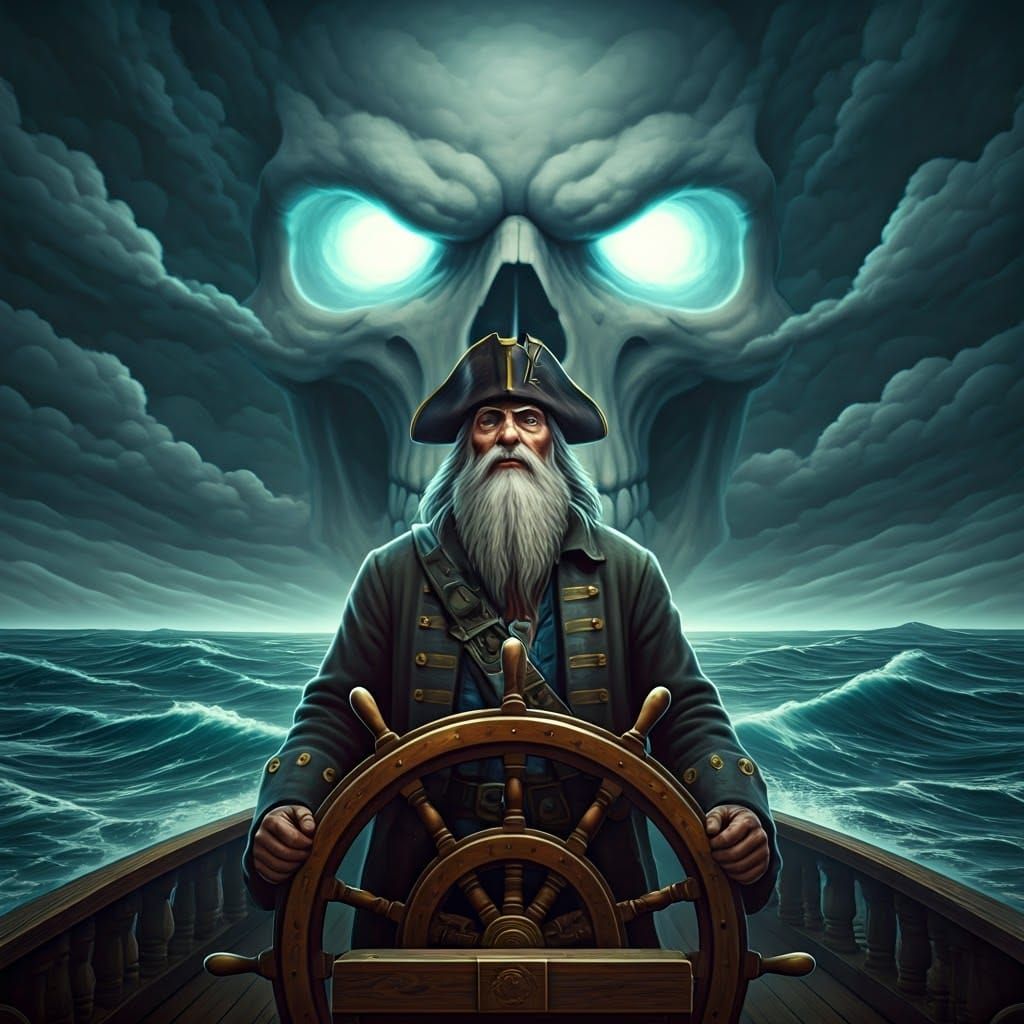 Pirate Captain Faces Skull Storm in Gothic Surrealism