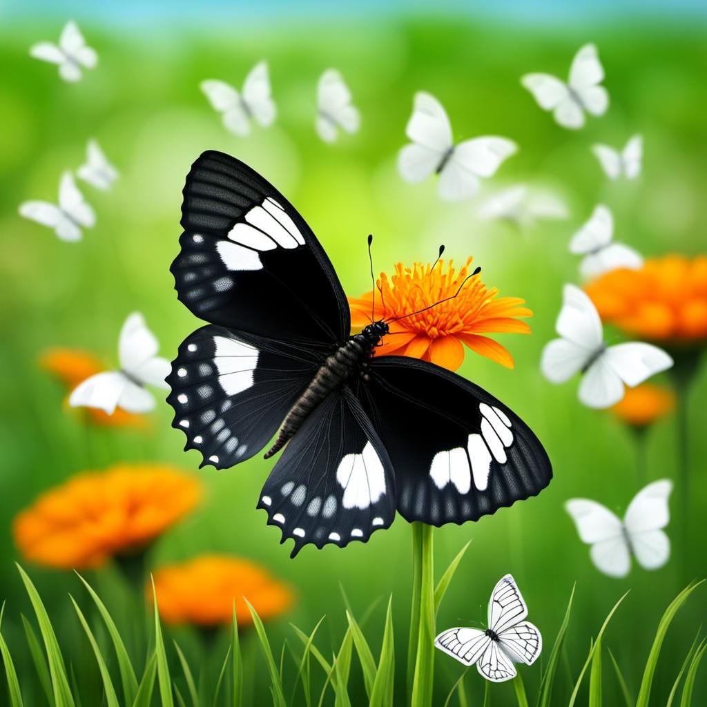 Black Butterfly in Field of White Butterflies