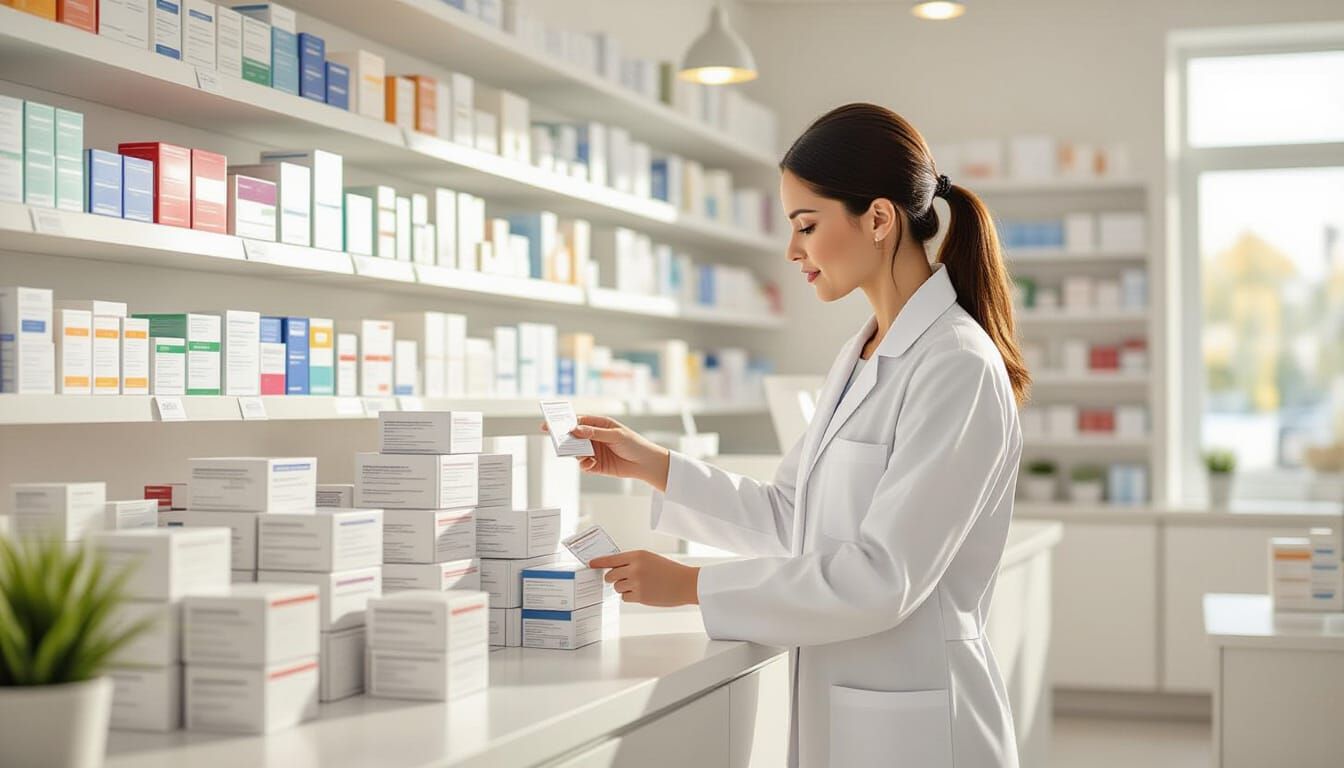 Pharmacy Interior with Pharmacist Arranging Products