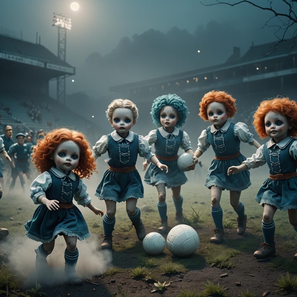 Creepy Porcelain Dolls Play Rugby in Overgrown Stadium