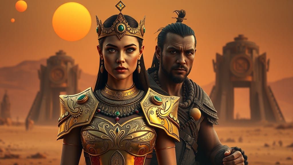 Regal Warrior Princess in Golden Armor Stands Resolute in Ma...