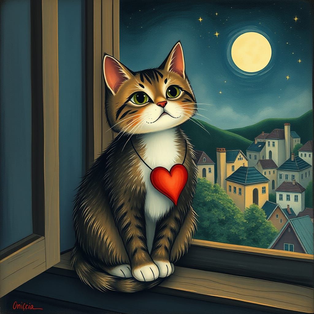 Whimsical Feline in Moonlit Village