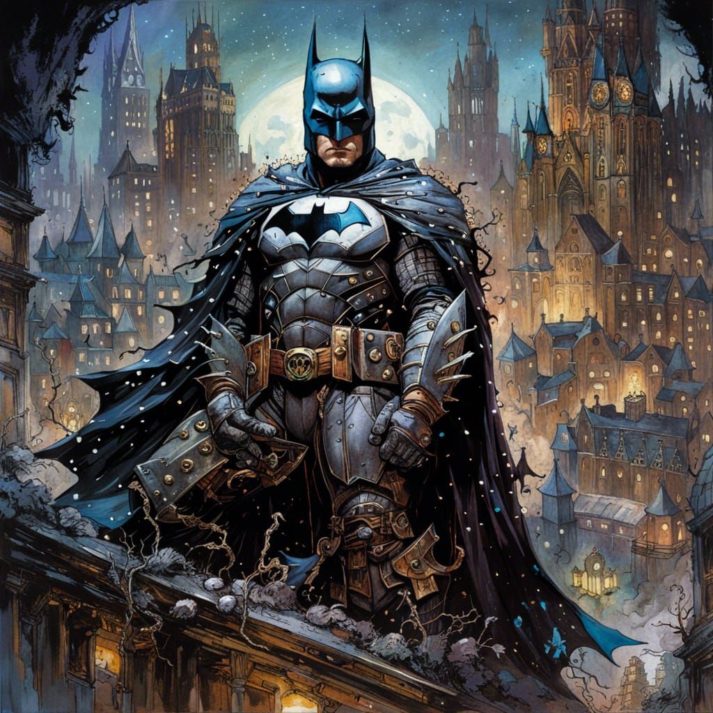 Batman in Dark Fantasy Medieval Cityscape