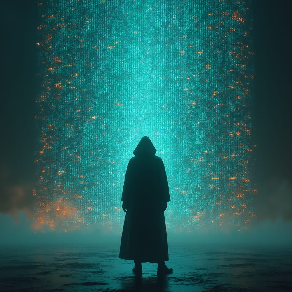 Ethereal Figure Confronts Binary Code Tapestry in Cyberpunk ...