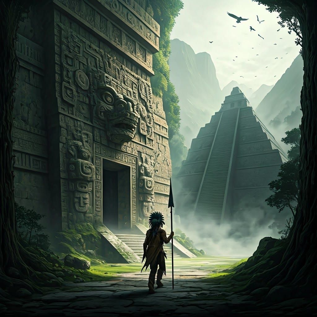 Maya Warrior at Ancient Mountain Temple Entrance