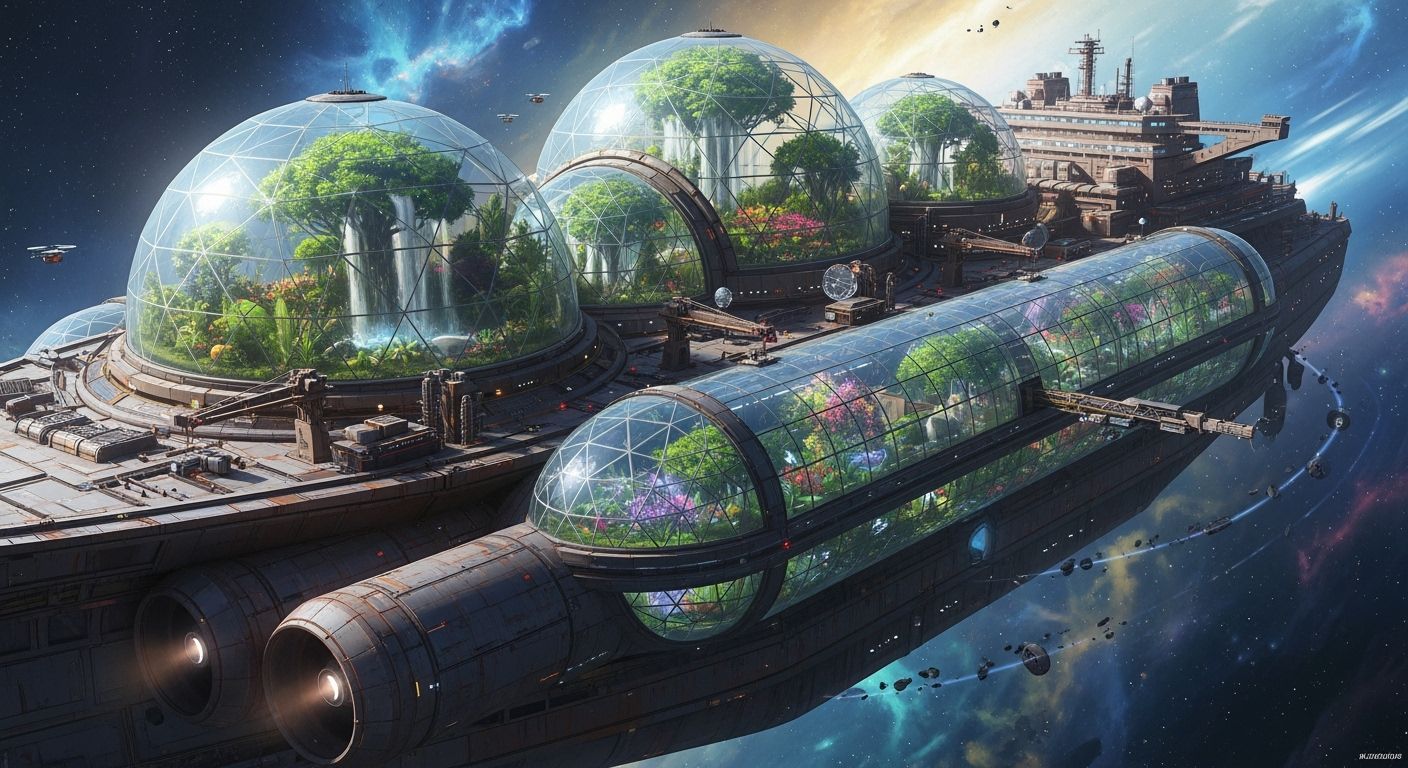Lush Space Freighter Greenhouse Domes as Digital Art