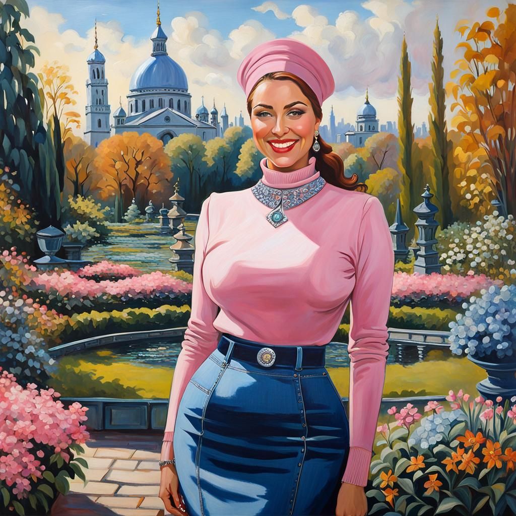 Woman in Garden with Cityscape Background
