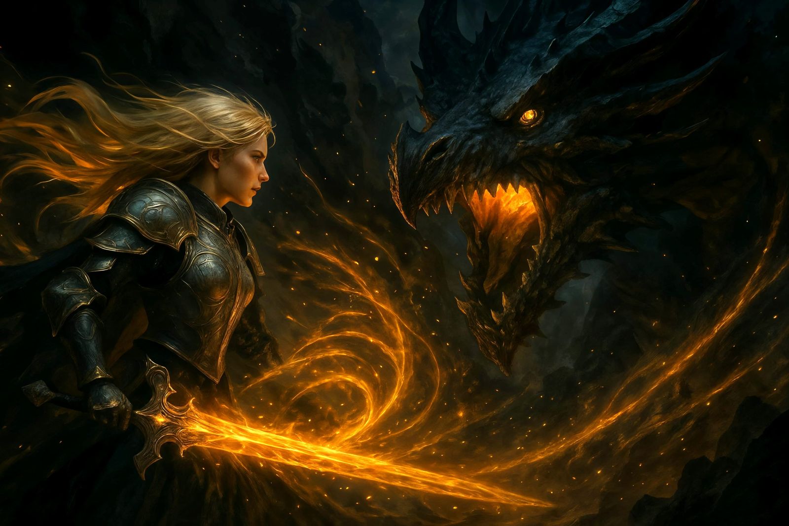 Epic Battle: Warrior versus Dragon in Fantasy Landscape