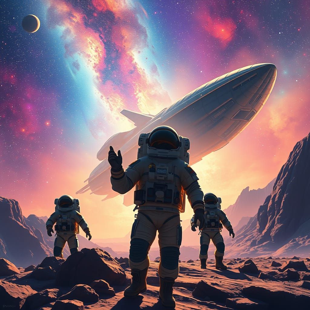 Astronauts Explore Galaxy in Sci-Fi Digital Painting