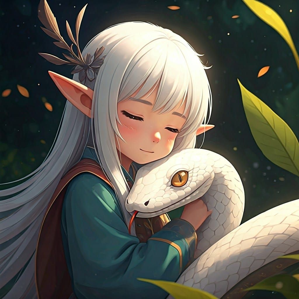 Elf Girl Hugging Snake in Ghibli Anime Style