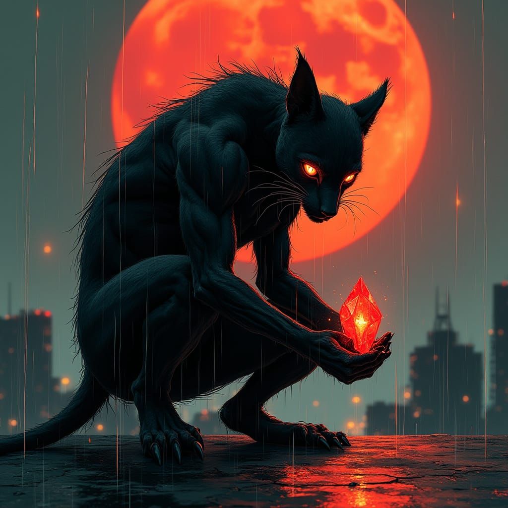 Noir Feline Night Prowler on Neon Rooftop