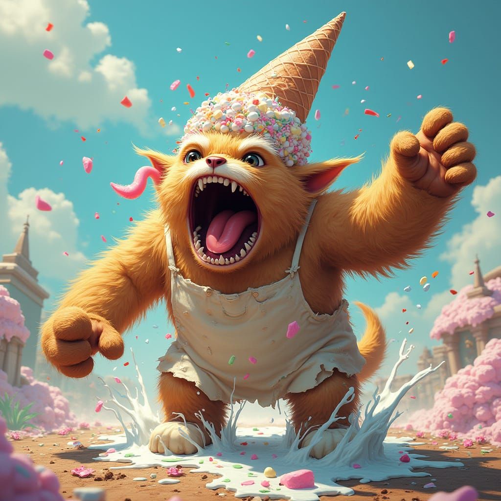 Furry Ice Cream Beast Roaring in a Melting Chaos
