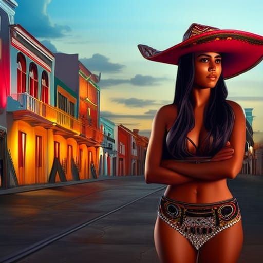 Mexican woman is wearing a sombrero