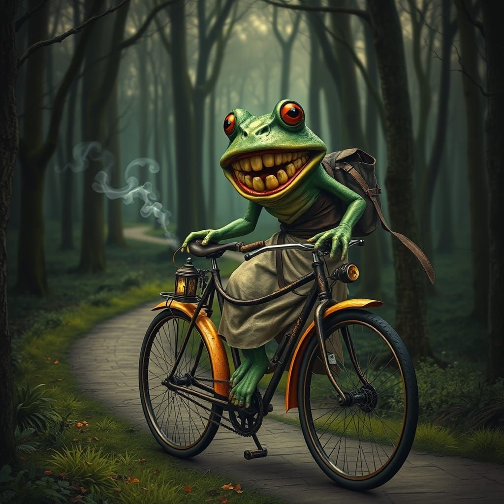 Frog Fae Rides Steam Bike Through Forest in Creepy Style