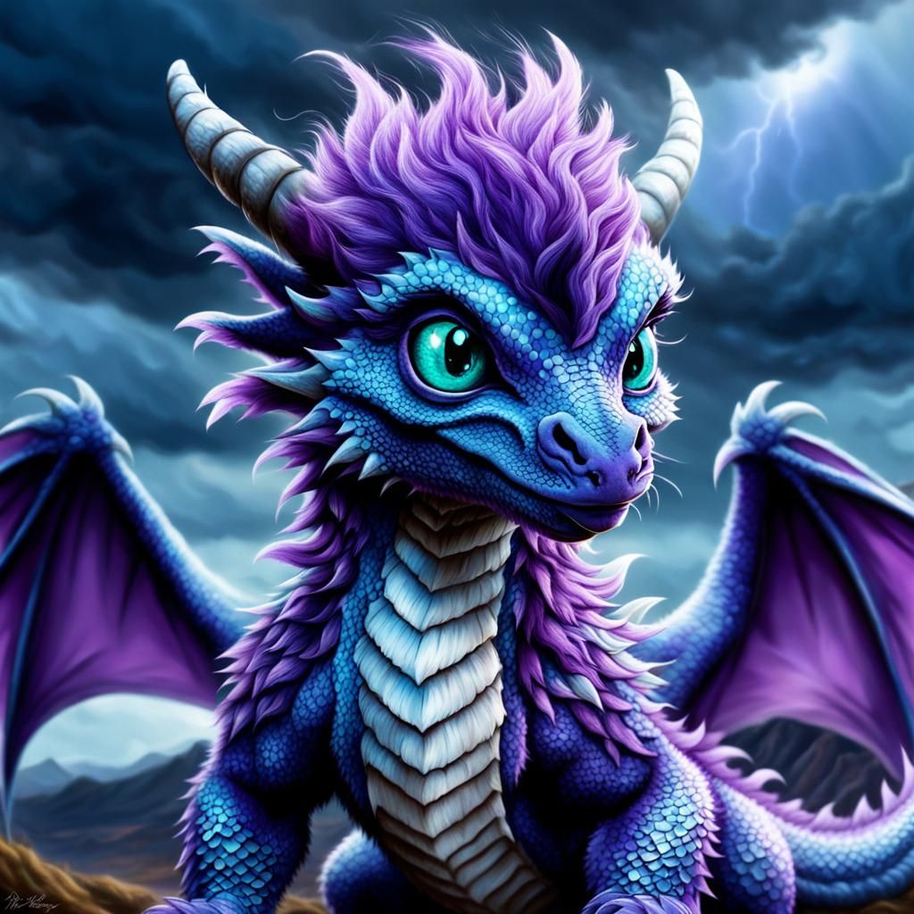 Fluffy Purple Baby Dragon with Storm Vortex