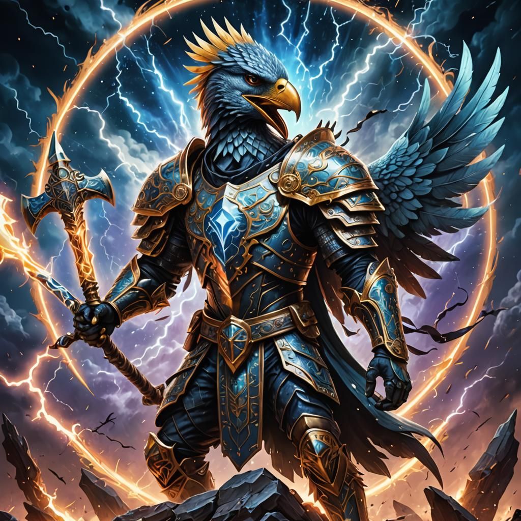 Armored Aarakocra Wielding Axe in Cosmic Illustration