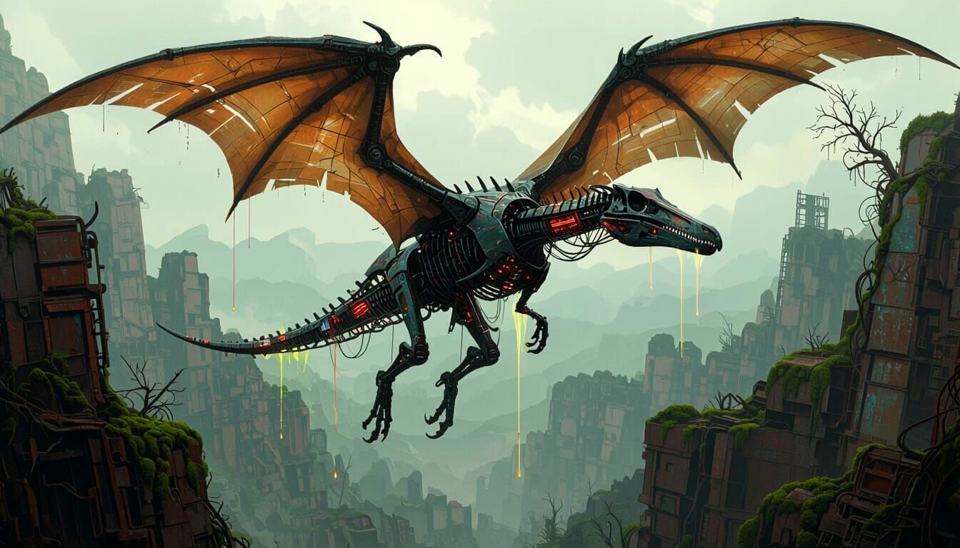 Decaying Biomechanical Pterodactyl Gliding Over Techno-Organ...