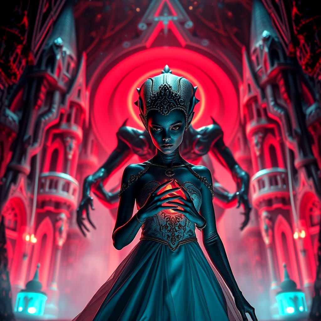 Alien Princess in Ruby Castle, Holographic Illustration