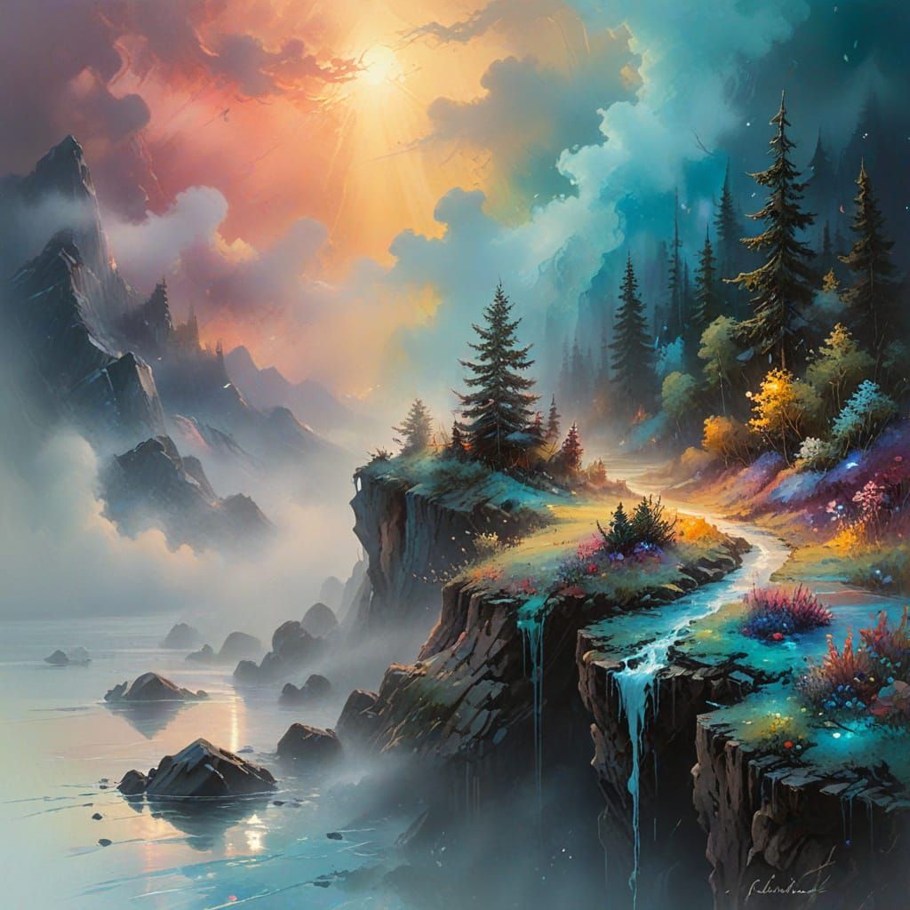 Dreamy Misty Landscape in Vibrant Ethereal Colors