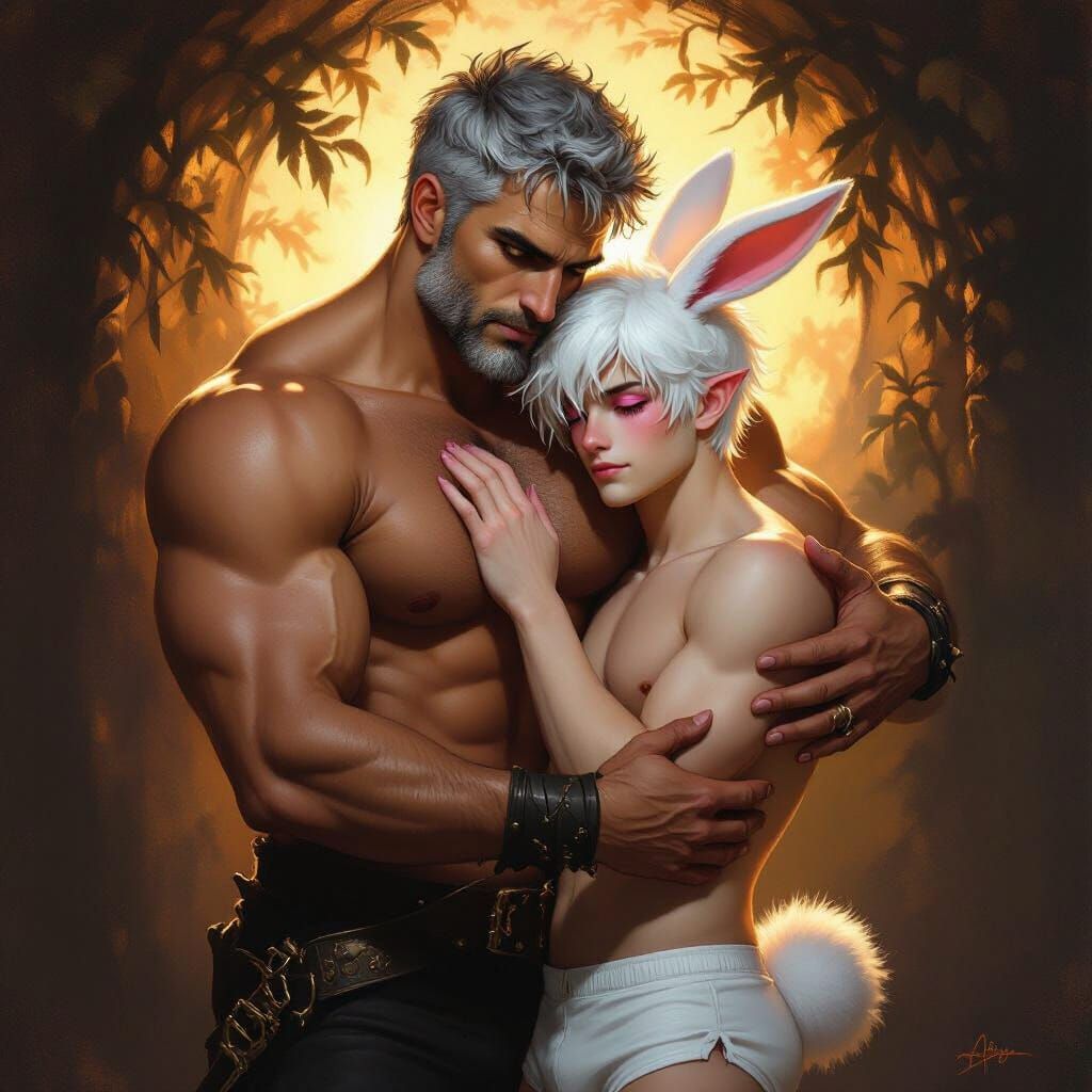 Muscular Man Cuddles Shy Companion in Golden Hour Light