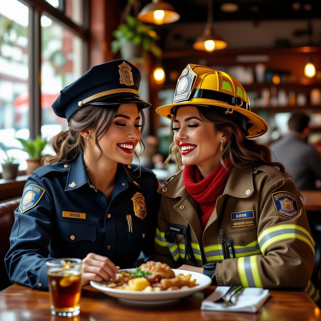 Policewoman and Firefighter Enjoying Dinner, Hyperdetailed A...