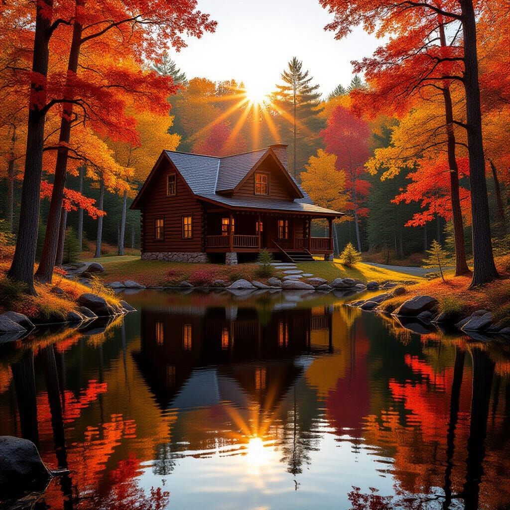 Rustic Log Cabin in Vibrant Autumn Forest with Lake Reflecti...