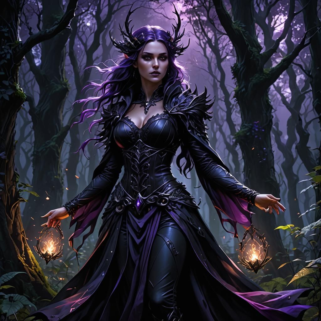 Dark Fae Woman in Forest: Hyperdetailed Dark Fantasy Art